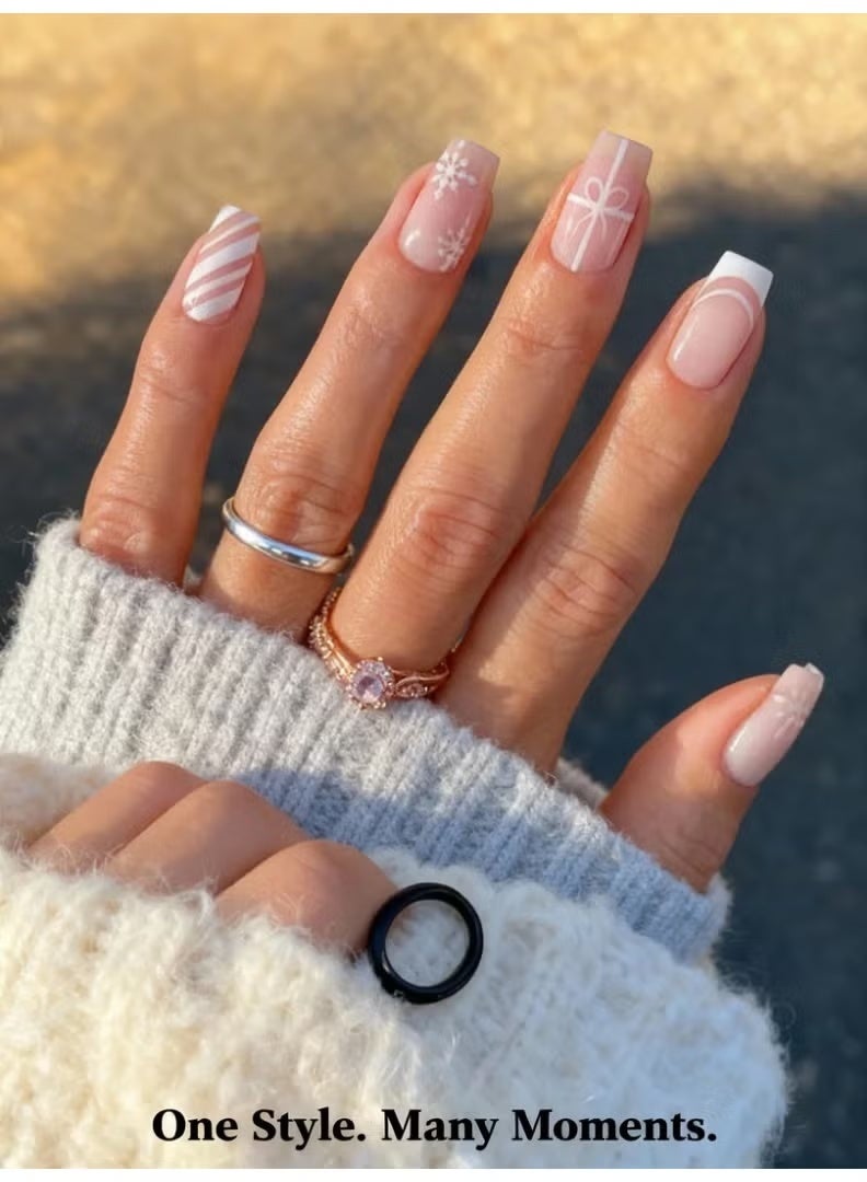 HTKCRX Christmas Gift Style French Press On Nails with White Lines & Snowflake Patterns Glossy Finish Natural Fit Eco-Friendly ABS Material One-Minute Salon Result Reusable Nail Art Set - Image 3